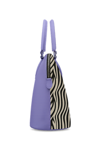 Purple tote with zebra pattern on a white background
