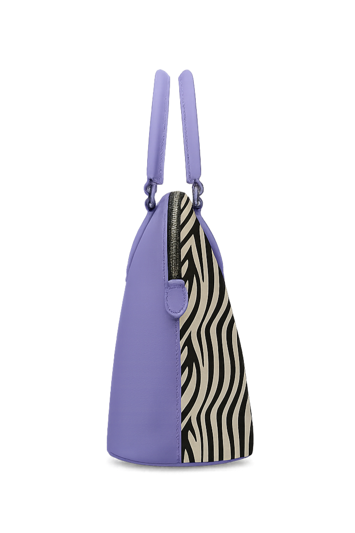 Purple tote with zebra pattern on a white background