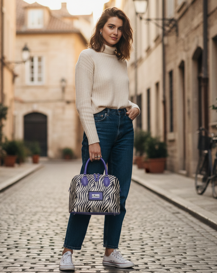 Woman holding a patterned tote on a cobblestone street
