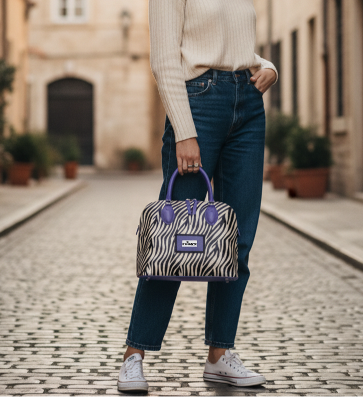 Woman holding an animal patterned tote on a cobblestone street