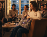 Woman holding a zebra-patterned tote with a brand logo in a cozy indoor setting with friends.