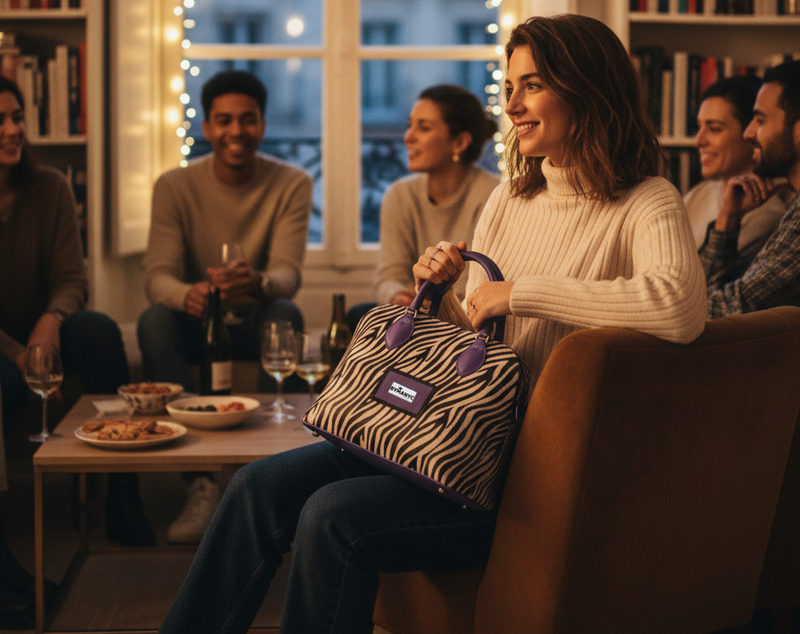 Woman holding a zebra-patterned tote with a brand logo in a cozy indoor setting with friends.