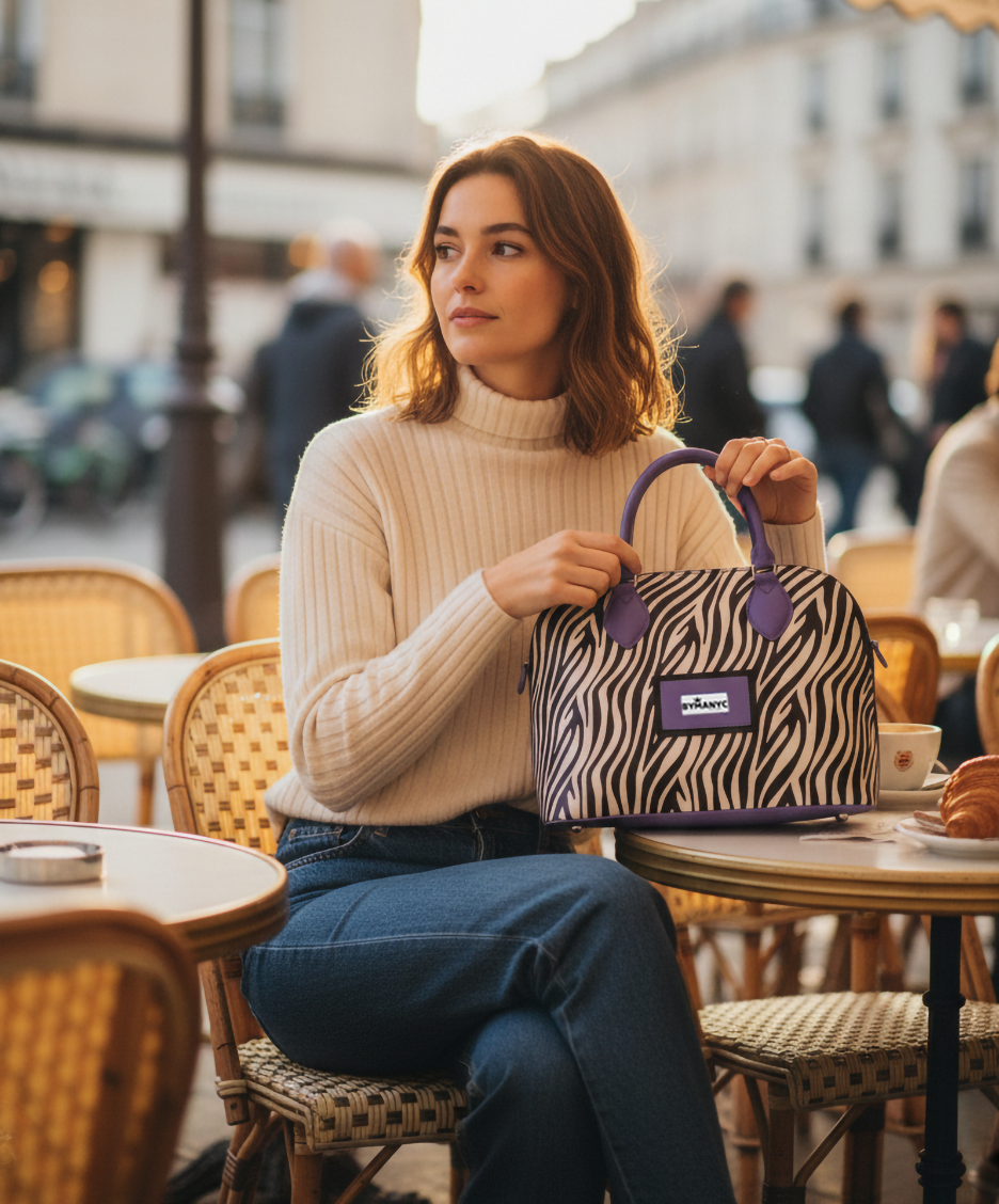 Woman sitting at an outdoor cafe table holding a zebra-striped tote.