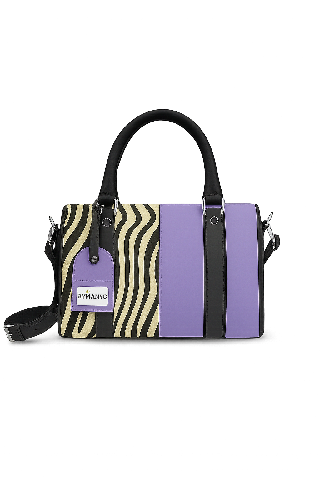 Tote with zebra pattern and purple accents on a white background