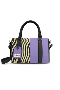 Tote with zebra pattern and purple accents on a white background