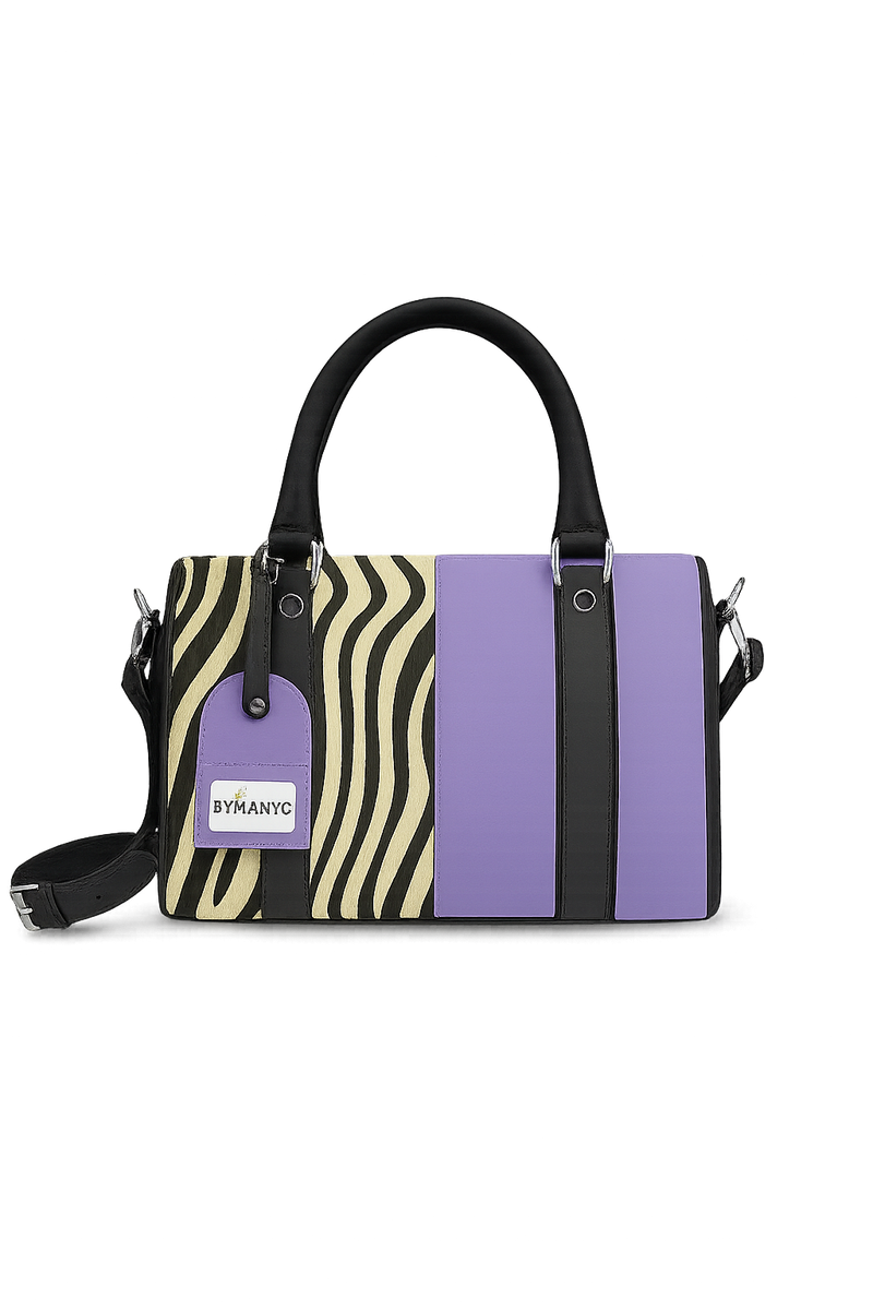 Tote with zebra pattern and purple accents on a white background