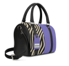 Stylish tote with zebra pattern and purple accents on a white background