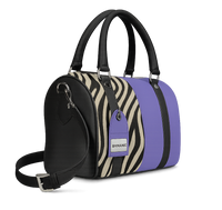 Stylish tote with zebra pattern and purple accents on a white background