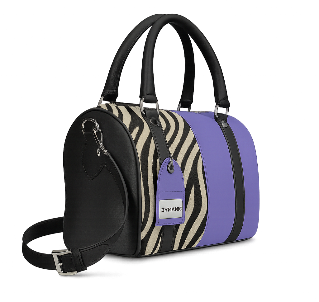 Stylish tote with zebra pattern and purple accents on a white background