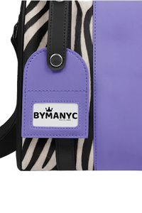 Purple tote with zebra pattern and BYMANYC logo