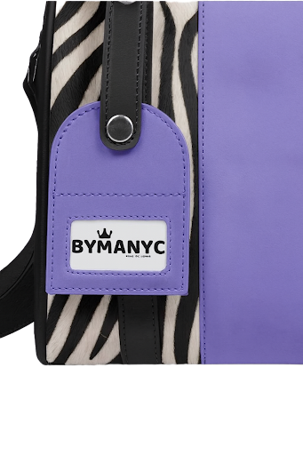 Purple tote with zebra pattern and BYMANYC logo