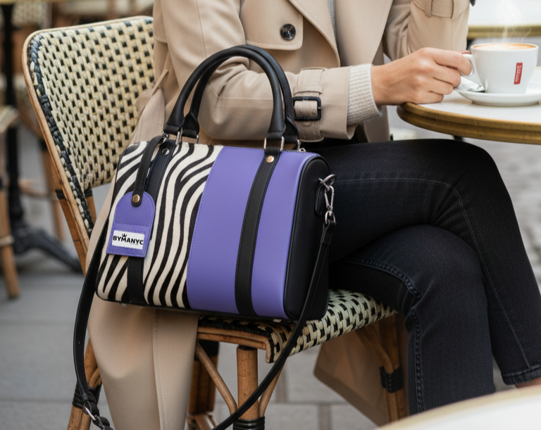 Stylish tote with zebra pattern and purple accents on a white background
