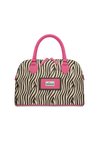 Tote bag with zebra pattern and pink accents on a white background
