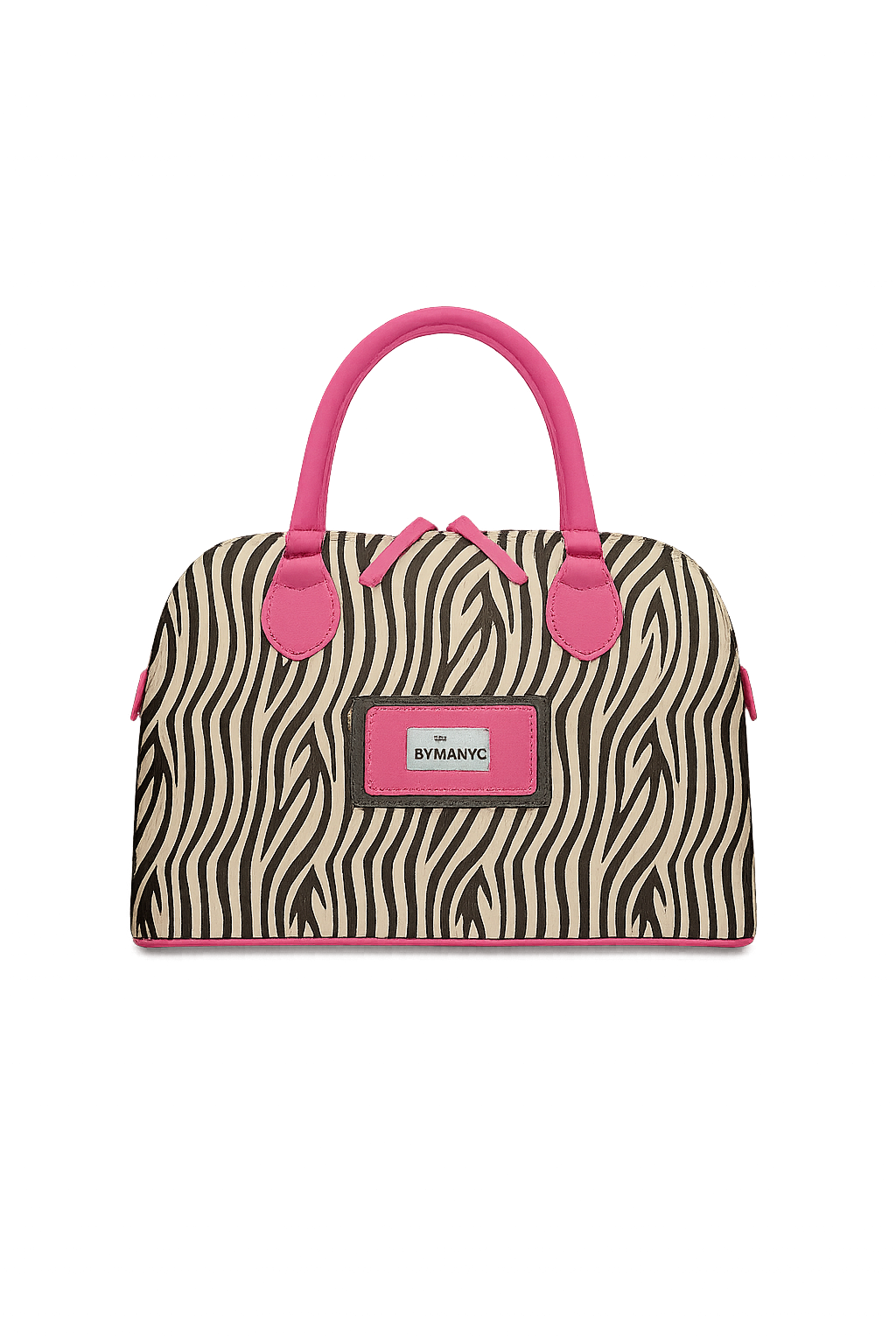 Tote bag with zebra pattern and pink accents on a white background