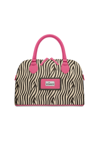 Tote bag with zebra pattern and pink accents on a white background
