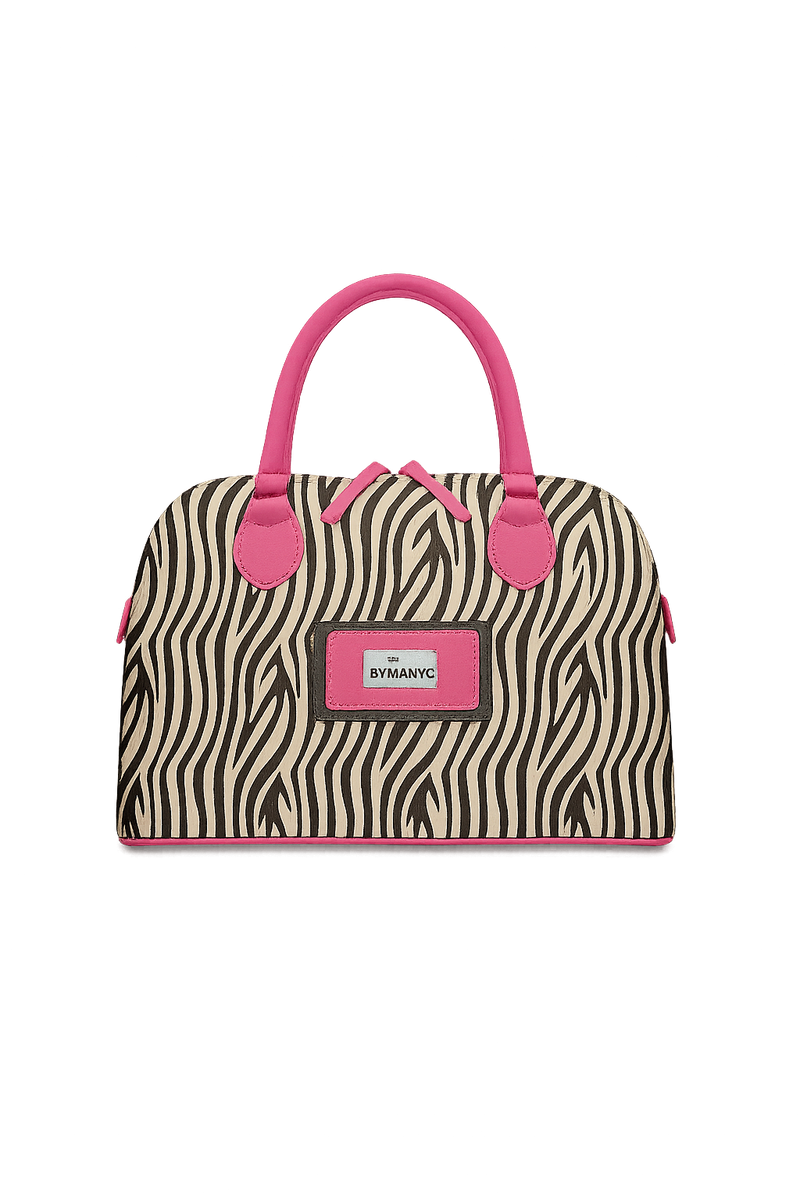 Tote bag with zebra pattern and pink accents on a white background