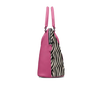 Pink tote bag with zebra pattern side panel on a white background