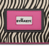 Close-up of a tote with a zebra pattern and pink label featuring 'BYMANYC' branding.