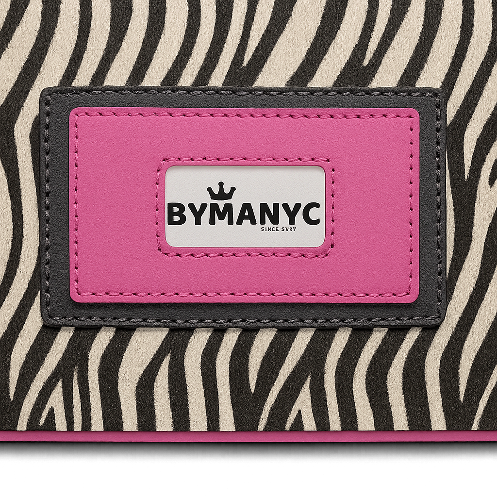 Close-up of a tote with a zebra pattern and pink label featuring 'BYMANYC' branding.