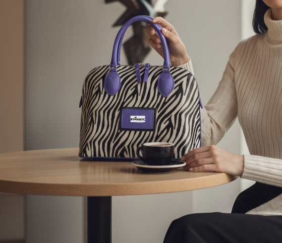 Person holding a zebra-patterned tote with purple handles and accents, sitting at a table with a cup of coffee.