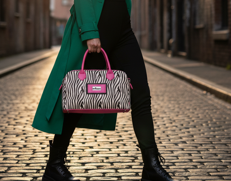 Person holding a zebra print tote with pink accents on a cobblestone street.