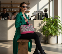 Woman in a green coat holding a pink and zebra-striped tote in a cafe setting