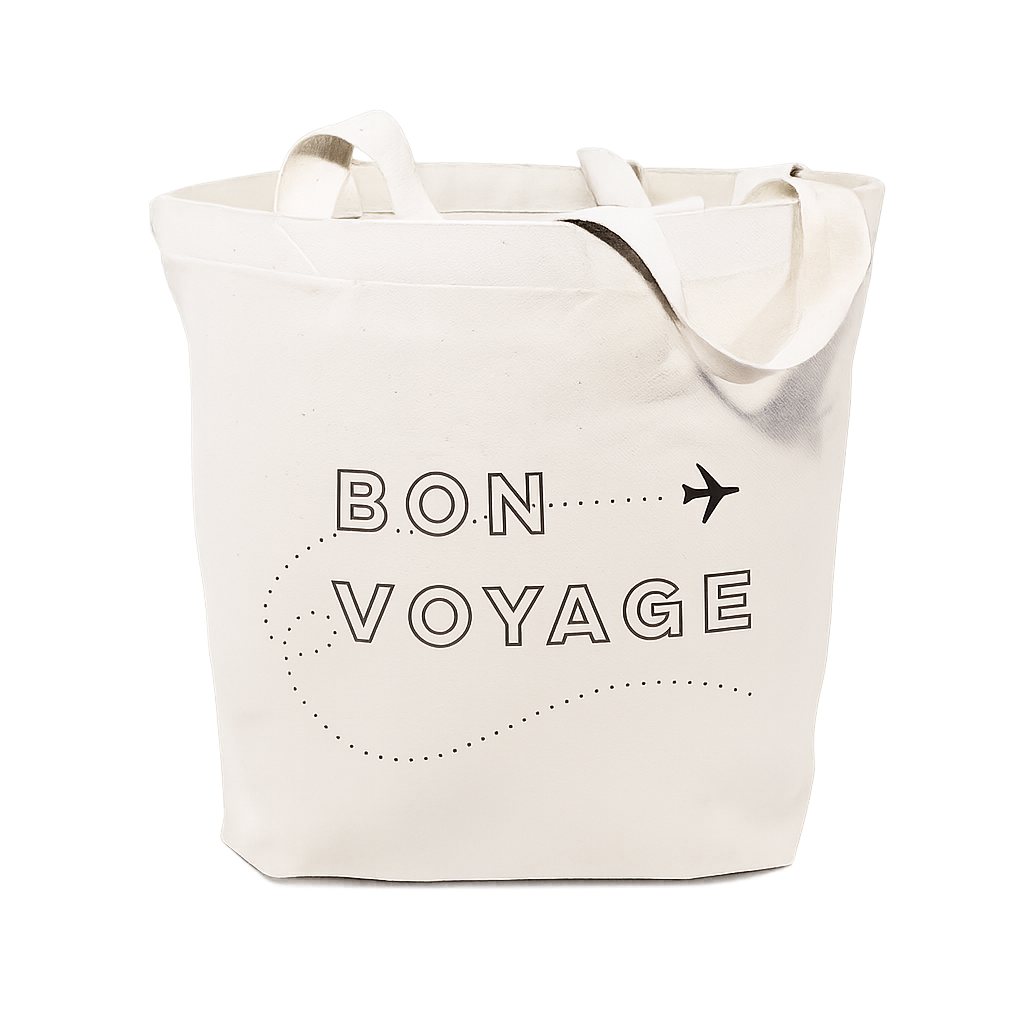 Cotton canvas tote with Bon Voyage written on it and the illustration of a plane.
