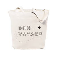 Cotton canvas tote with Bon Voyage written on it and the illustration of a plane.