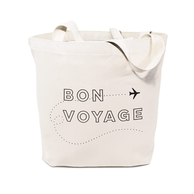 Cotton canvas tote with Bon Voyage written on it and the illustration of a plane.