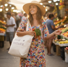 Woman in a colorful dress holding vegetables and a cotton canvas tote bag with 'On Voyage' text at an outdoor market.