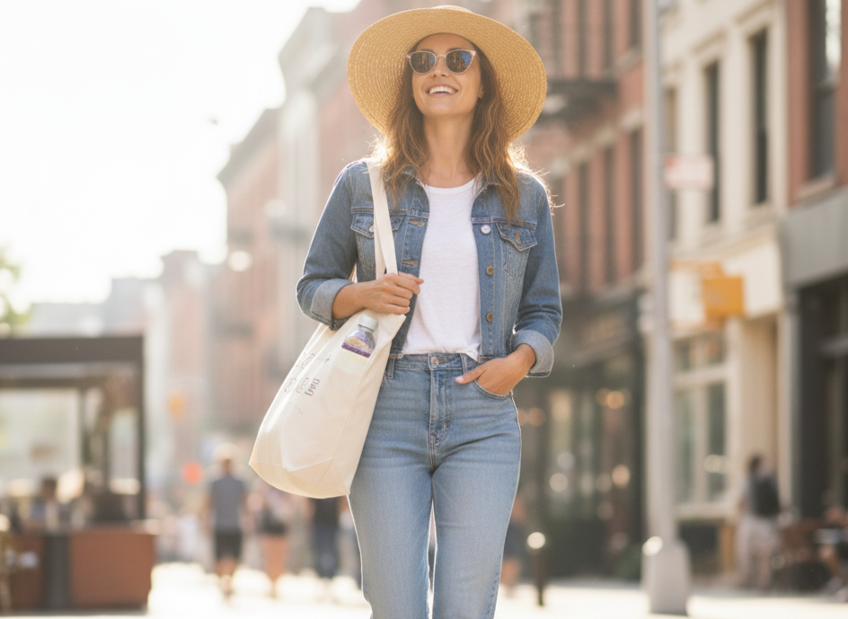 Woman walking on a city street wearing a denim jacket, light blue jeans, and a straw hat, carrying a cotton canvas tote.