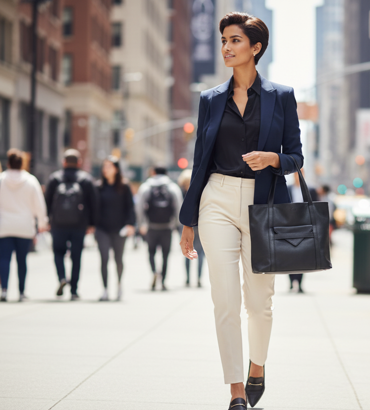 Woman in professional attire walking on a city street and carrying a black vegan leather tote