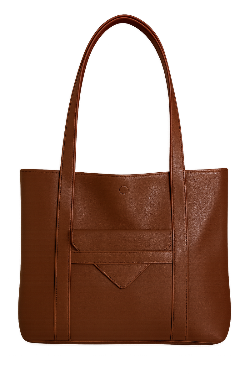 Espresso brown leather tote bag on a white background