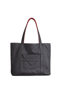 Gray tote bag with red handle on a white background