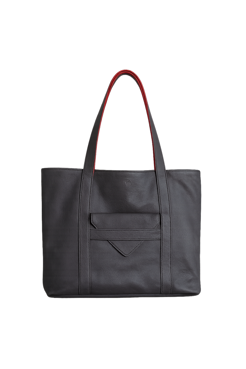 Gray tote bag with red handle on a white background