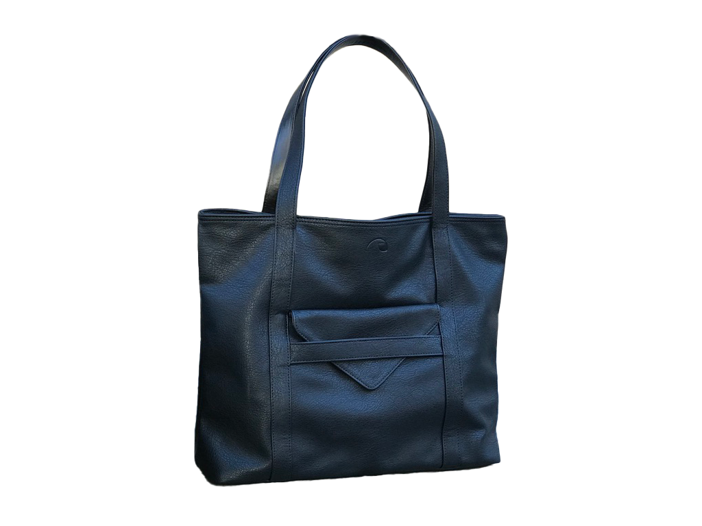 Black tote bag with a pocket on a white background.