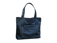 Black tote bag with a pocket on a white background.