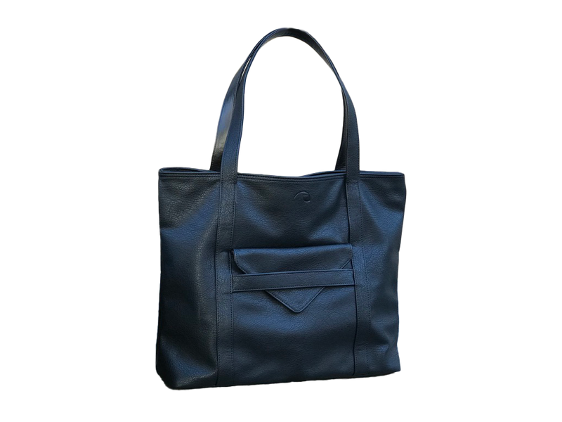 Black tote bag with a pocket on a white background.