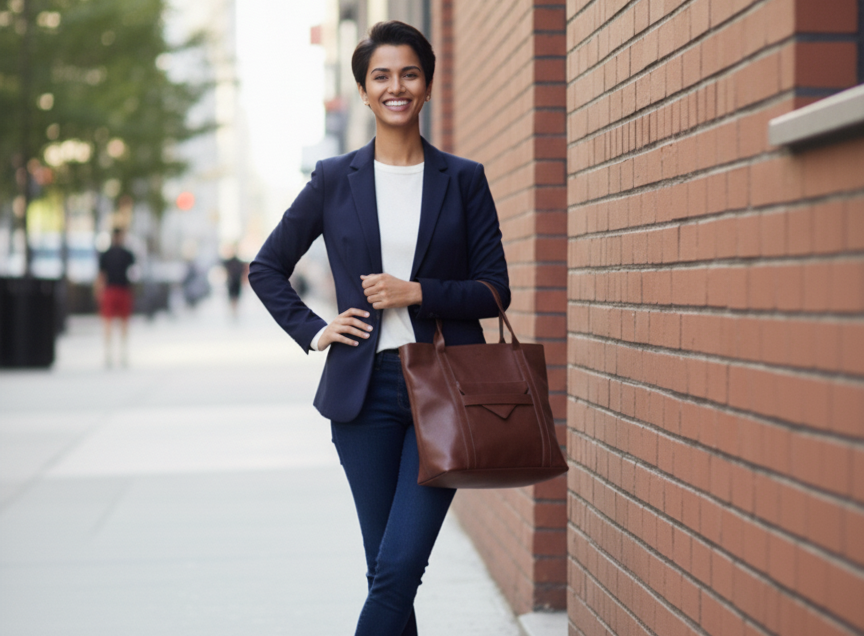 Woman in a blue suit with a brown tote standing against a brick wall on a city street