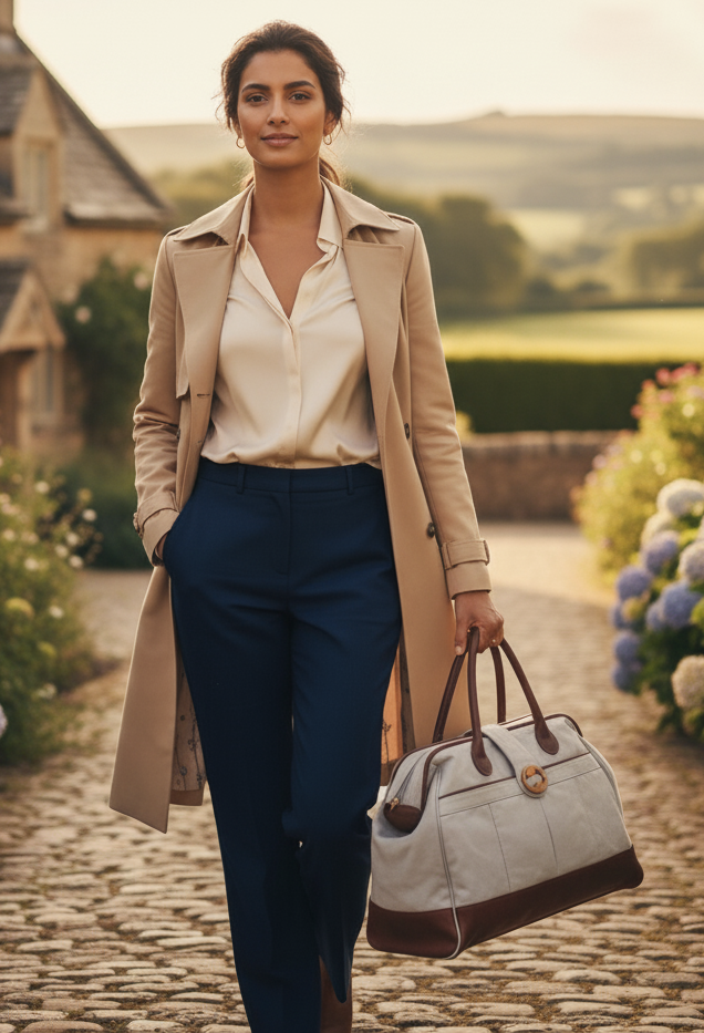 Woman in a beige coat and navy pants holding a stone gray weekender tote bag with brown handles, standing outdoors.