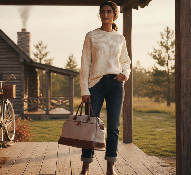 Woman holding a bag on a wooden deck with a cabin in the background