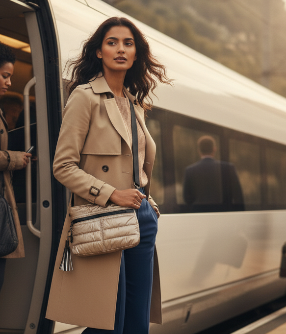 Woman in a beige trench coat and blue jeans standing next to a train, holding a gold quilted handbag.