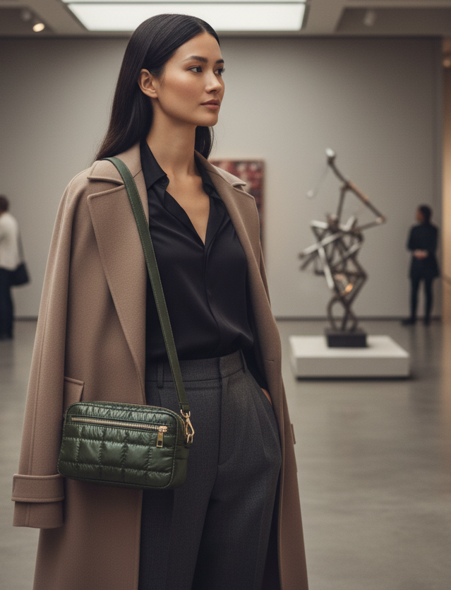 Woman in a museum wearing a green tote