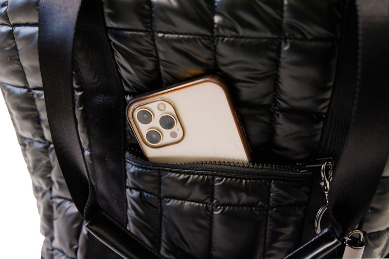 Phone case with camera details in a black quilted bag pocket