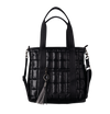 Black quilted handbag with a tassel on a white background