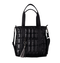 Black quilted handbag with a tassel on a white background