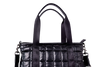 Black quilted handbag with a chain detail on a white background