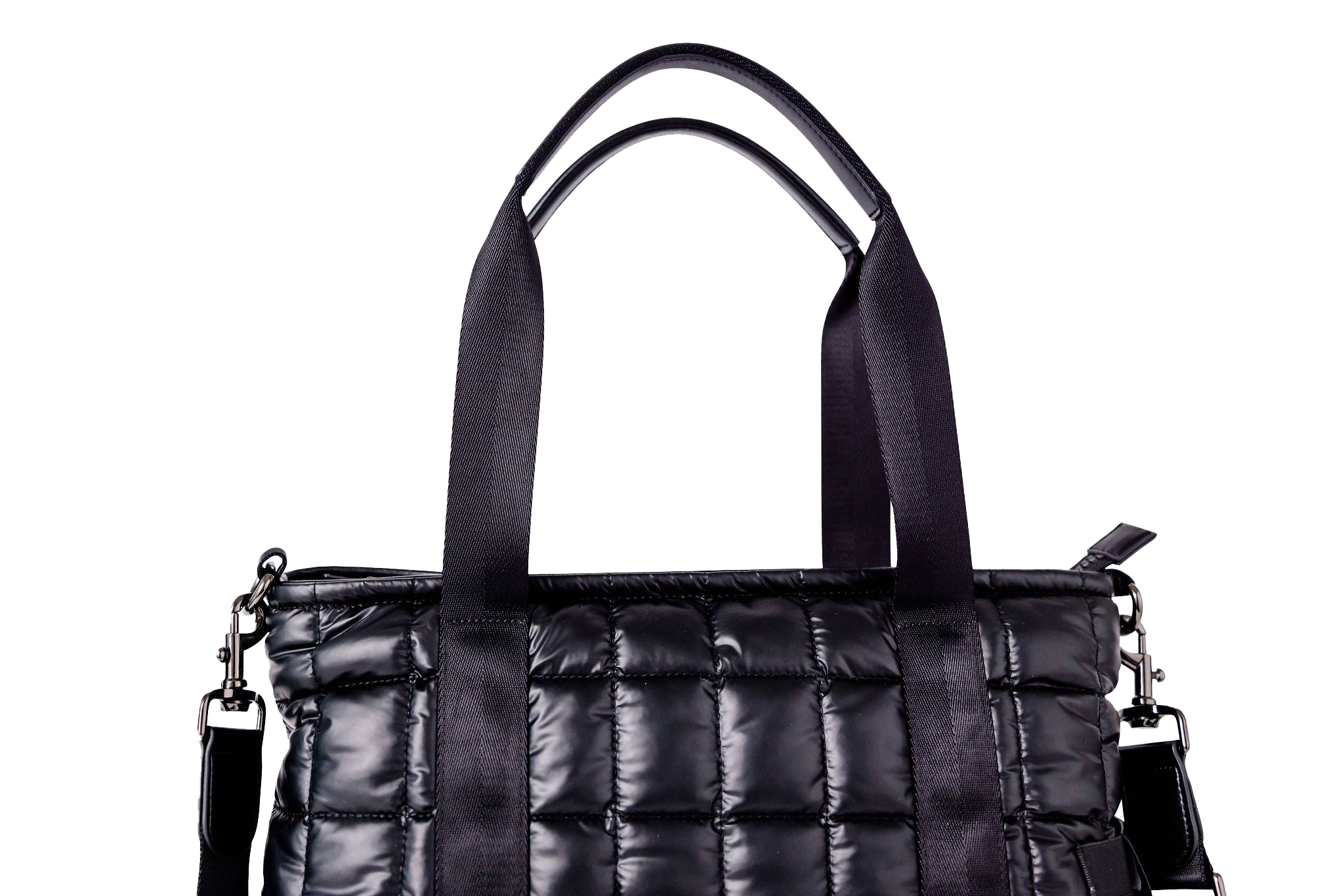 Black quilted handbag with a chain detail on a white background