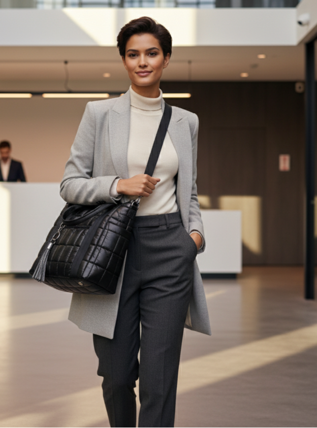 Woman in a professional setting holding a black bag