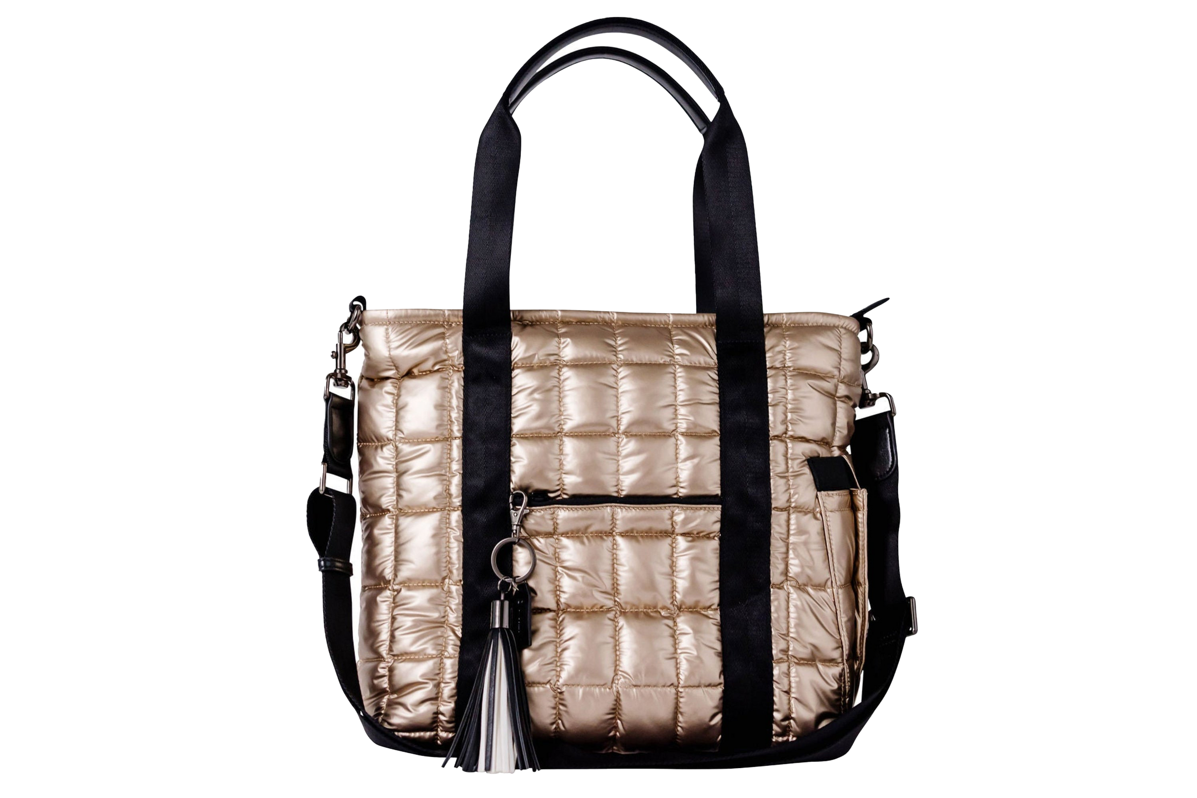 Gold puffer laptop tote with black straps and a black and white tassel